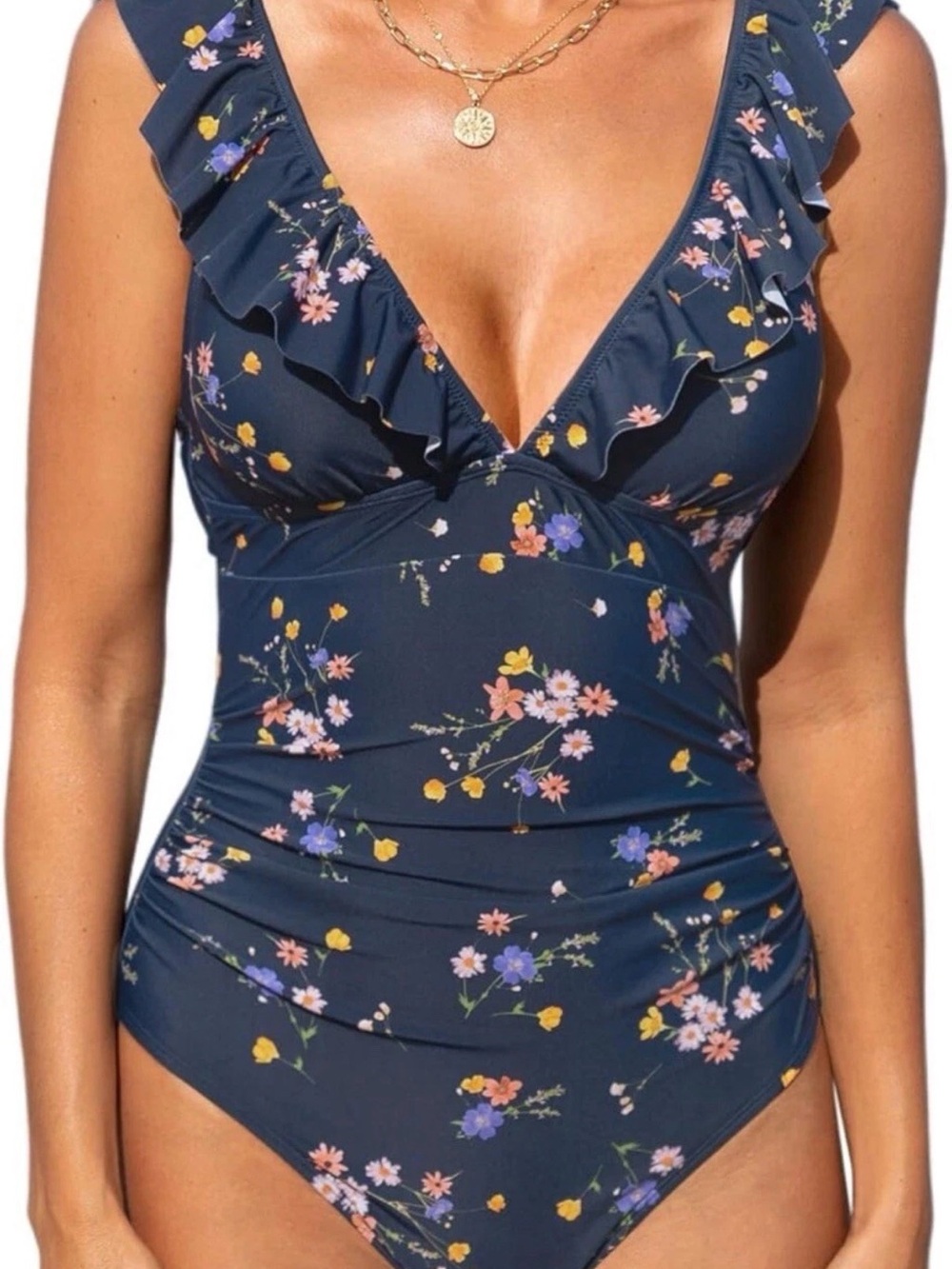 Cupshe Navy Floral V-Neck One-Piece with Ruffle Trim